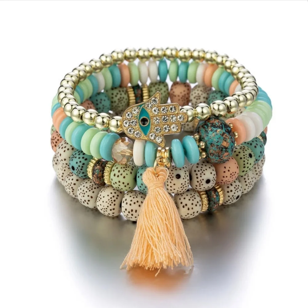 Hamsa Hand Evil Eye Layered Beaded Bracelet Pastel Tassel